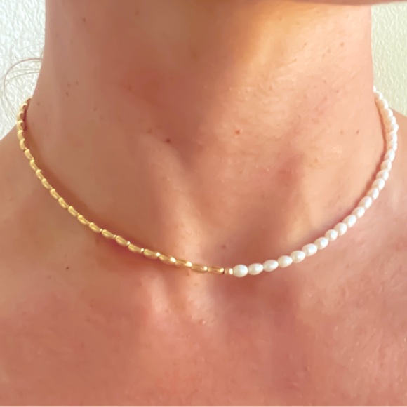 Gold Bead & Mini Rice Pearl Choker Necklace with adjustable clasp. - Picture 1 of 2